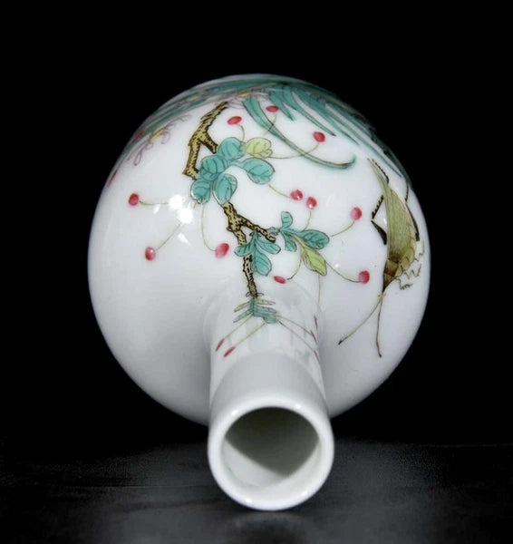 Pair Qianlong Signed Old Chinese Colour Enamel Vase W/orchid N3436