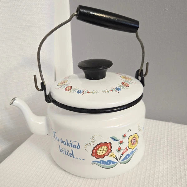 Vtg Berggren  Enamelware Teapot Tea Kettle Pennsylvania Dutch Folk Art READ
