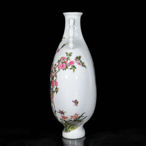 28CM Yongzheng Signed Old Chinese Colour Enamel Vase W/bird N3654